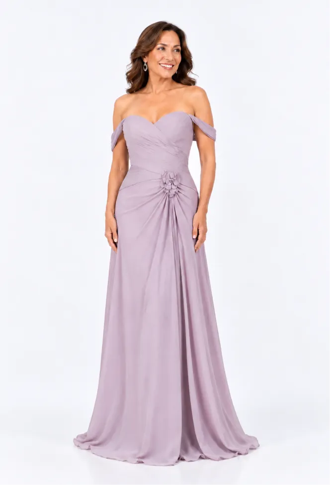 Mamá del novio en vestido lila off-shoulder - Click2Dress